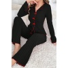 Kadın Siyah Kırmızı Biyeli ve Fiyonklu Uzun Kollu Mevsimlik Pijama Takımı