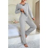 Kadın Gri Çizgili Uzun Kollu Fiyonk Detaylı Pijama Takımı Rahat Mevsimlik