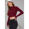 Kadın Bordo Uzun Kol Fermuarlı Parmak Geçme Detaylı Dik Yaka Crop Top Bluz