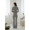 Kadın Fitilli Eşofman Takımı – Gri Boğazlı Crop Üst & İspanyol Paça Pantolon, Esnek Rahat Kalıp