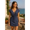 Kadın Lacivert Yanları Yırtmaçlı Tokalı V Yaka Mini Plaj Elbisesi