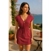 Kadın Bordo Yanları Yırtmaçlı Tokalı V Yaka Mini Plaj Elbisesi