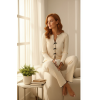 Kadın Ekru Fitilli Şık Pijama Takımı – Fiyonk Detaylı Rahat Ev Giyim Seti