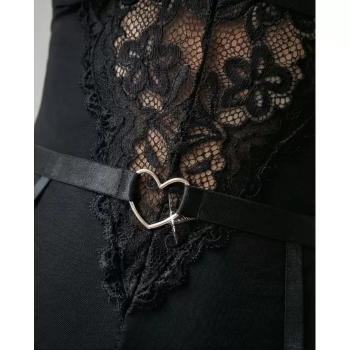 Kadın Siyah Dantel Jartiyerli Bodysuit Gecelik - Kemer Detaylı