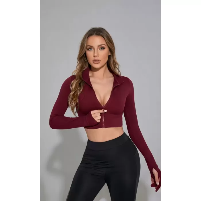 Kadın Bordo Uzun Kol Fermuarlı Parmak Geçme Detaylı Dik Yaka Crop Top Bluz