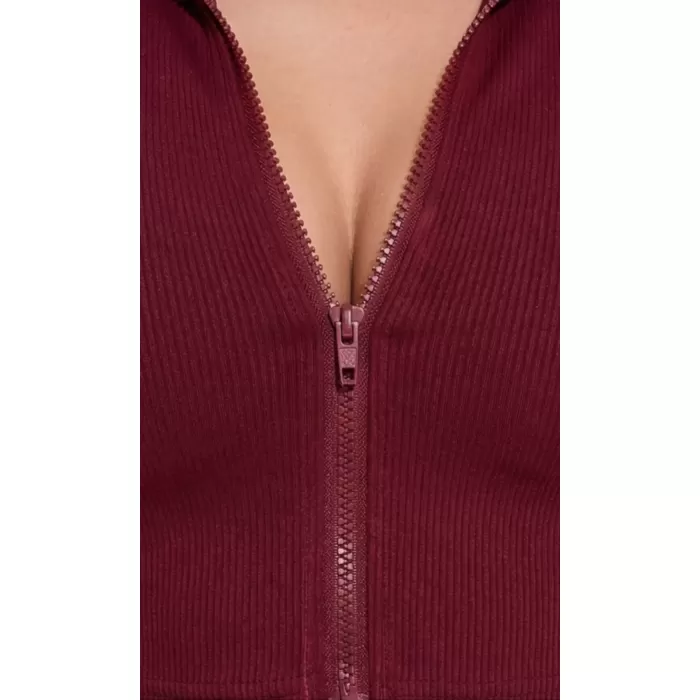 Kadın Bordo Uzun Kol Fermuarlı Parmak Geçme Detaylı Dik Yaka Crop Top Bluz