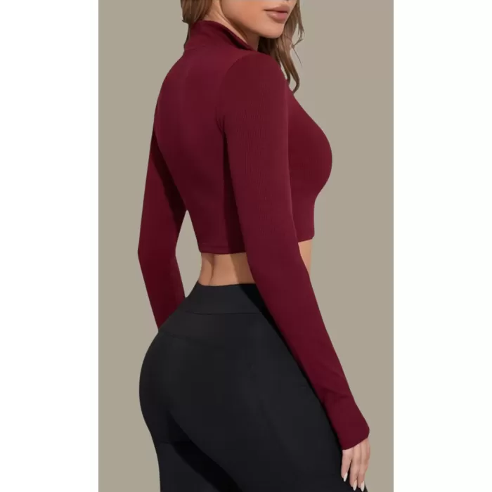 Kadın Bordo Uzun Kol Fermuarlı Parmak Geçme Detaylı Dik Yaka Crop Top Bluz