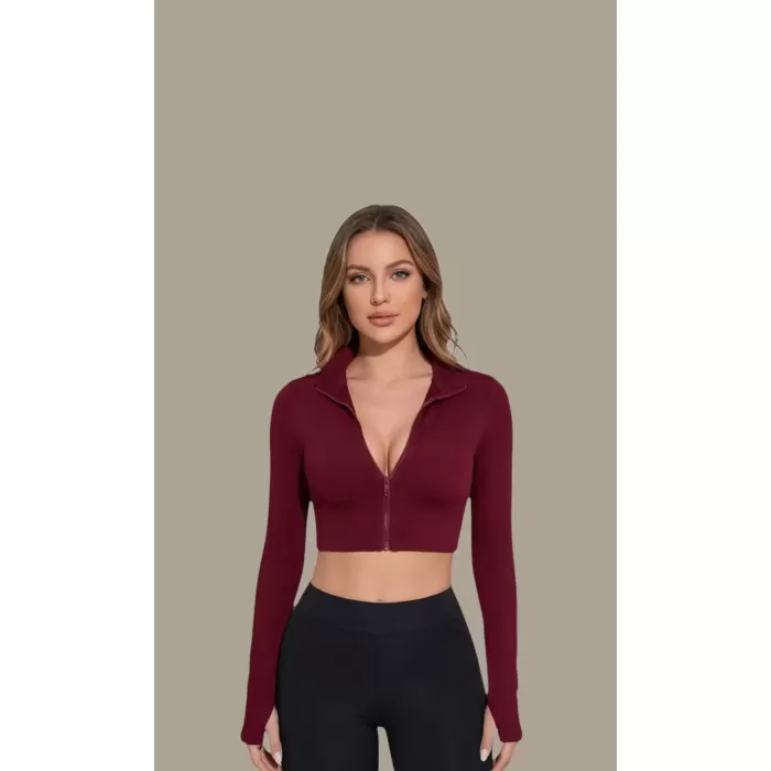 Kadın Bordo Uzun Kol Fermuarlı Parmak Geçme Detaylı Dik Yaka Crop Top Bluz