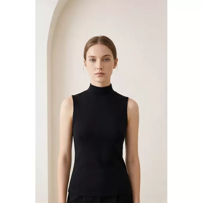 Kadın Siyah Kolsuz Balıkçı Yaka Basic Bluz