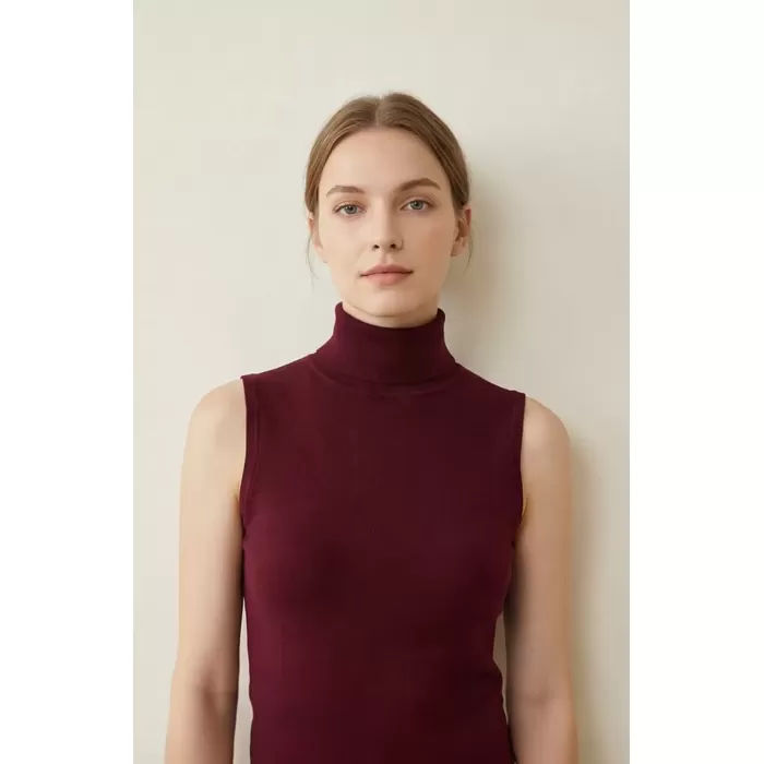 Kadın Bordo Kolsuz Balıkçı Yaka Basic Bluz