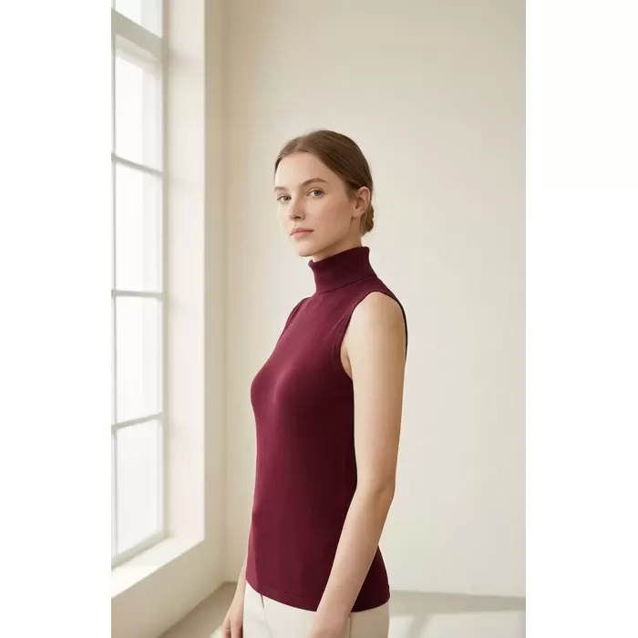 Kadın Bordo Kolsuz Balıkçı Yaka Basic Bluz