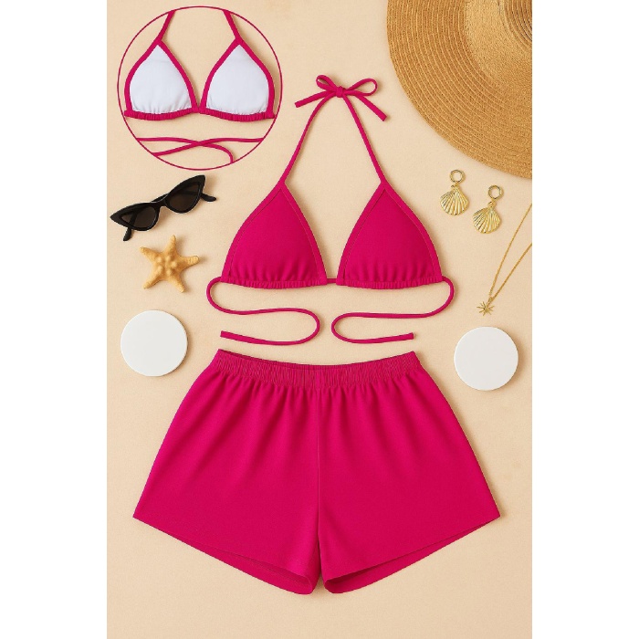 Kadın Fuşya Şortlu Belden ve Boyundan Bağlamalı Bikini Takımı – Modern, Konforlu ve Günlük Kombinlere Uygun