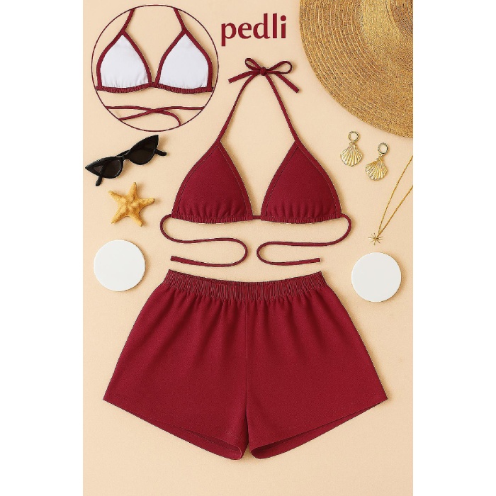 Kadın Bordo Şortlu Belden ve Boyundan Bağlamalı Bikini Takımı – Modern, Konforlu ve Günlük Kombinlere Uygun