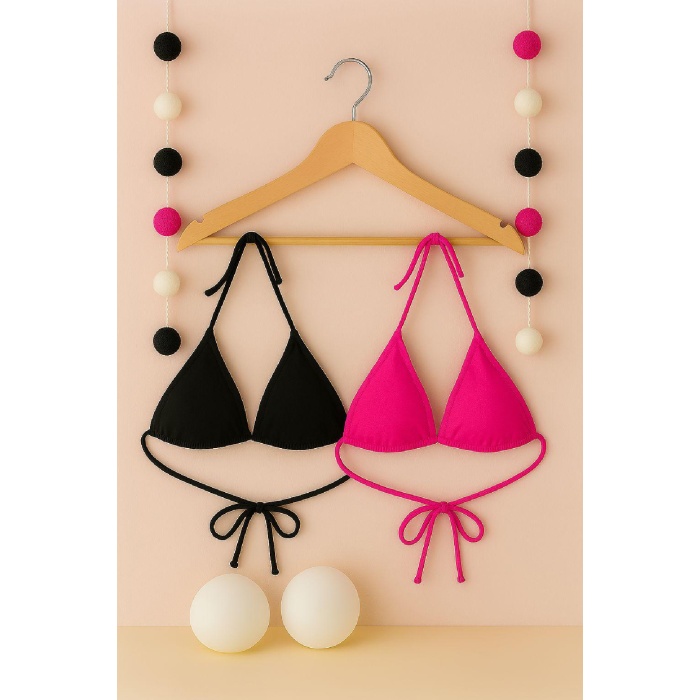 Kadın Siyah ve Fuşya Minimal Kesim Üçgen Bikini Üstü – Modern ve Şık Tasarım