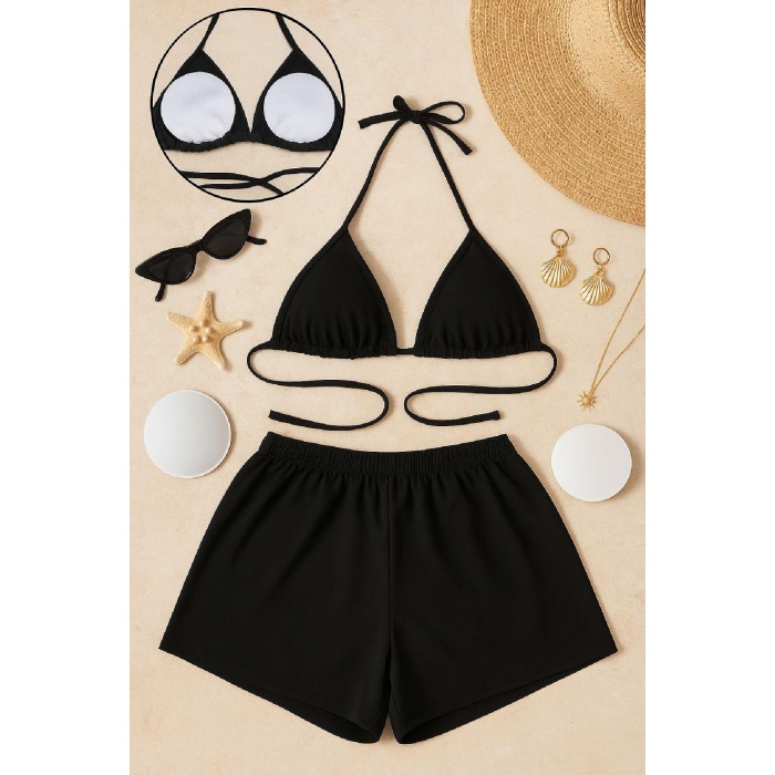 Kadın Siyah Şortlu Belden ve Boyundan Bağlamalı Bikini Takımı – Modern, Konforlu ve Günlük Kombinlere Uygun