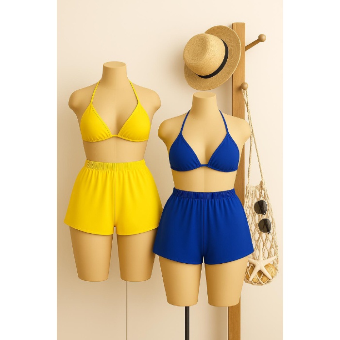 Kadın Sarı ve Mavi Şortlu Belden ve Boyundan Bağlamalı Bikini Takımı – Modern, Konforlu ve Günlük Kombinlere Uygun