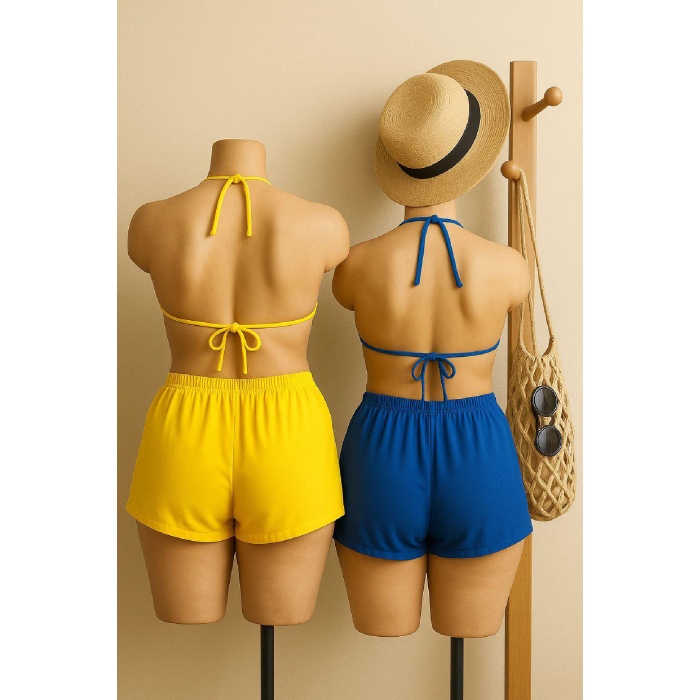 Kadın Sarı ve Mavi Şortlu Belden ve Boyundan Bağlamalı Bikini Takımı – Modern, Konforlu ve Günlük Kombinlere Uygun