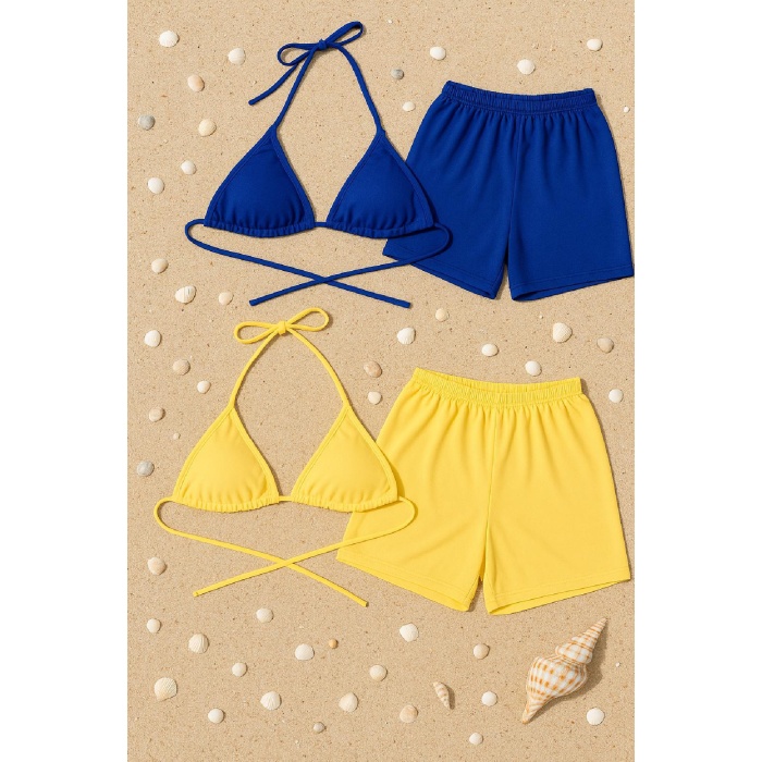 Kadın Sarı ve Mavi Şortlu Belden ve Boyundan Bağlamalı Bikini Takımı – Modern, Konforlu ve Günlük Kombinlere Uygun