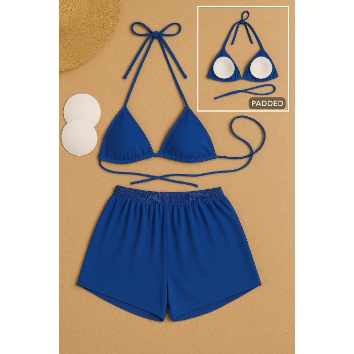 Kadın Mavi Şortlu Belden ve Boyundan Bağlamalı Bikini Takımı – Modern, Konforlu ve Günlük Kombinlere Uygun