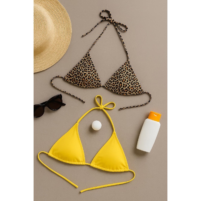 Kadın Leopar Desenli ve Sarı Minimal Kesim Üçgen Bikini Üstü – Modern ve Şık Tasarım