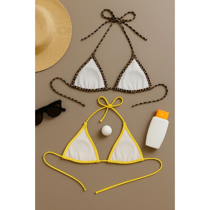 Kadın Leopar Desenli ve Sarı Minimal Kesim Üçgen Bikini Üstü – Modern ve Şık Tasarım