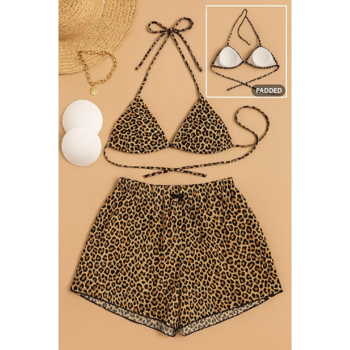 Kadın 3lü Set Leopar Desenli Şortlu ve Yandan Bağlamalı Bikini Mayo Takımı – Modern, Konforlu ve Günlük Kombinlere Uygun
