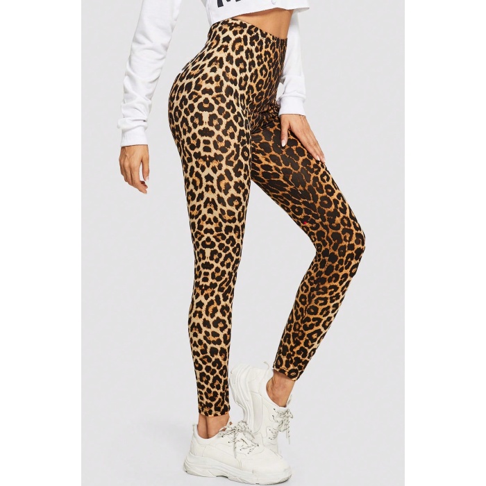 Kadın Leopar Desenli Yüksek Bel Dar Kesim Esnek Tayt – Modern ve Şık Tasarım