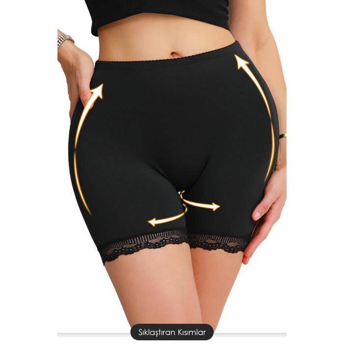 Kadın Siyah Pop Up Kalça Kaldırıcı ve Sekillendirici Dantel Paçalı Şort Külot – Modern ve Şık Tasarım
