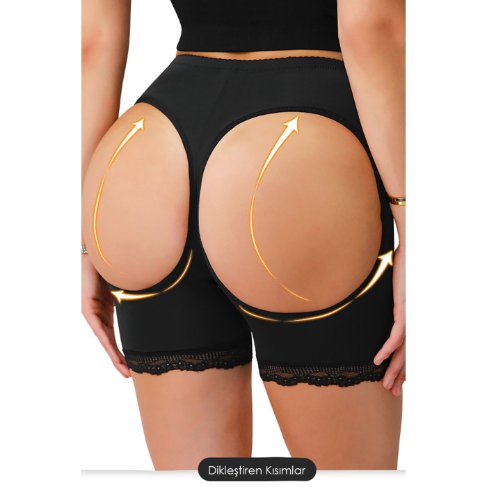 Kadın Siyah Pop Up Kalça Kaldırıcı ve Sekillendirici Dantel Paçalı Şort Külot – Modern ve Şık Tasarım