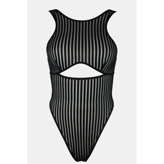 Kadın Siyah Cut-Out Detaylı Transparan Çizgili Gecelik – Modern ve Şık Tasarım