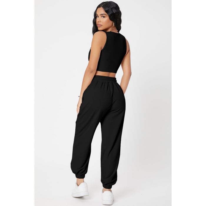 Kadın Siyah Kaşkorse Cepli Jogger Eşofman Altı ve Crop Top Bluz