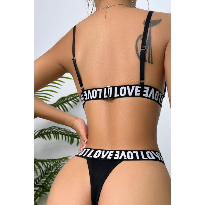 Kadın Siyah Love Yazı Detaylı Harness İç Çamaşır Takımı