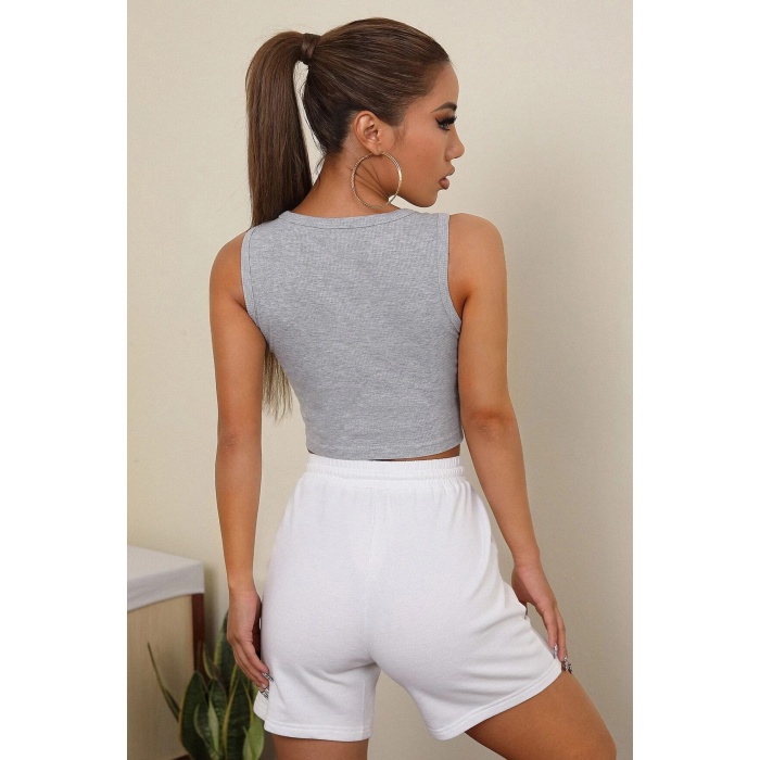 Kadın Gri Kare Yaka Crop Top Bluz
