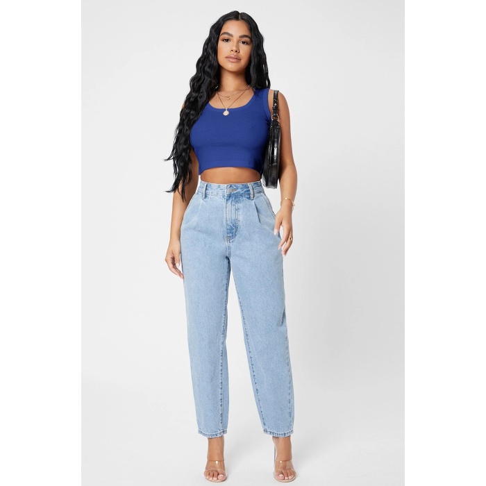 Kadın Lacivert Kare Yaka Crop Top Bluz