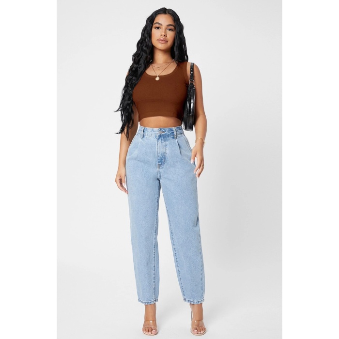 Kadın Kahverengi Kare Yaka Crop Top Bluz