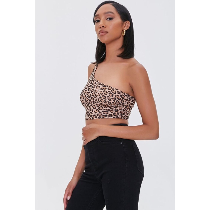 Kadın Leopar Desenli Tek Omuz Crop Büstiyer