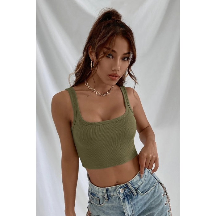 Kadın Haki Yeşili Kalın Askılı Crop Top Büstiyer – Modern ve Şık Tasarım