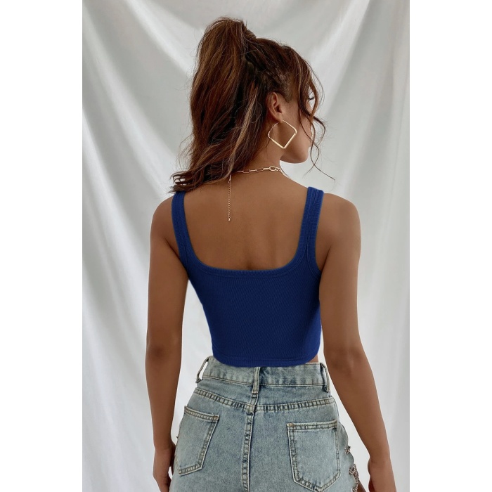 Kadın Lacivert Kalın Askılı Crop Top Büstiyer – Modern ve Şık Tasarım