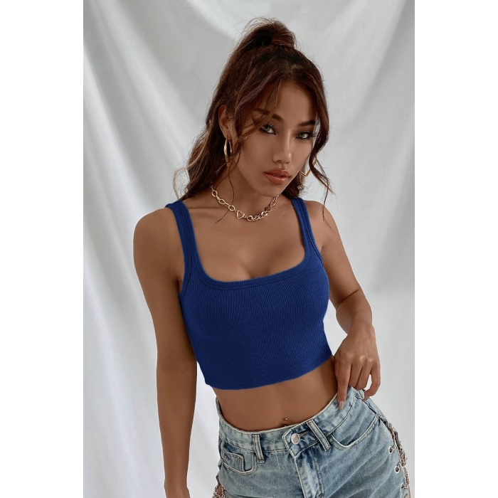 Kadın Lacivert Kalın Askılı Crop Top Büstiyer – Modern ve Şık Tasarım
