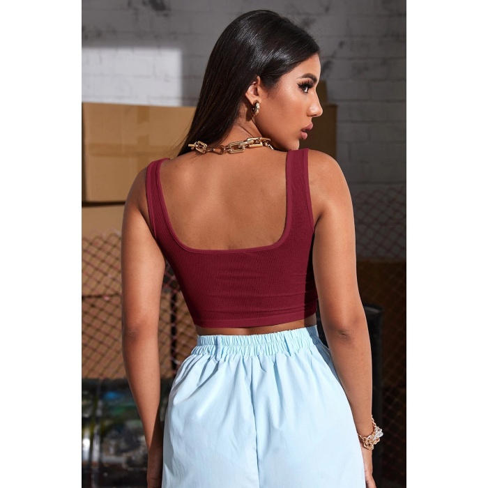 Kadın Bordo Kalın Askılı Crop Top Büstiyer – Modern ve Şık Tasarım
