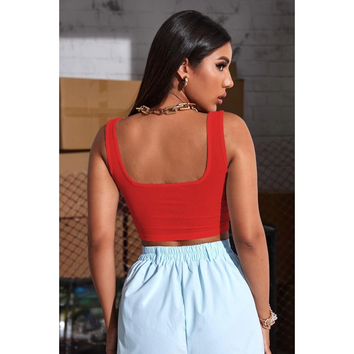 Kadın Kırmızı Kalın Askılı Crop Top Büstiyer – Modern ve Şık Tasarım