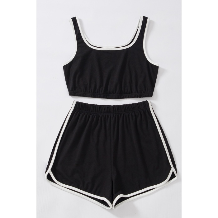 Kadın Siyah Askılı Crop Top ve Şortlu Gecelik Takım