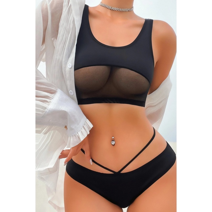 Kadın Siyah Çapraz Ip Detaylı Şık Bikini Takımı – Modern, Konforlu