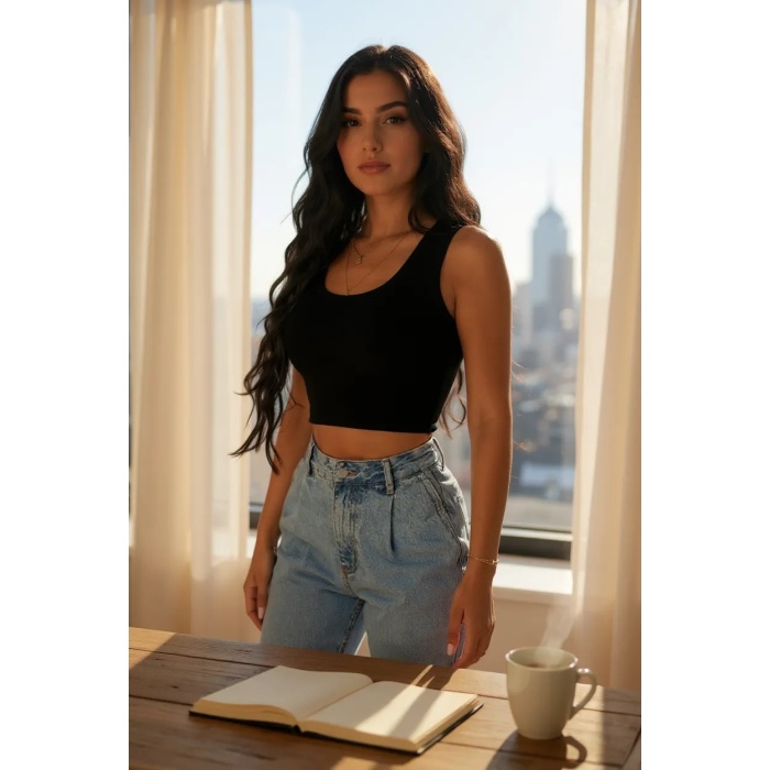 Kadın Siyah Kare Yaka Crop Top Bluz