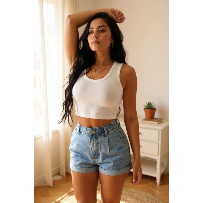 Kadın Beyaz Kare Yaka Crop Top Bluz