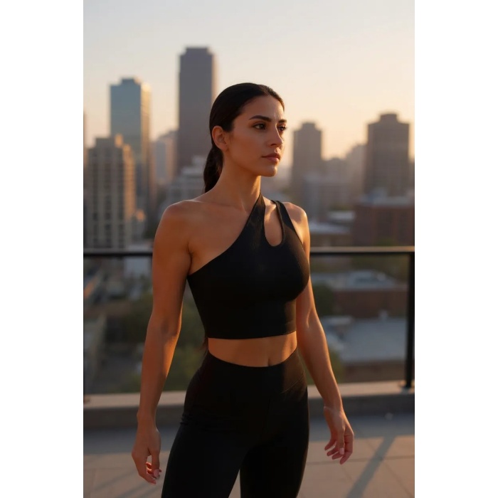 Kadın Siyah Tek Omuz Cut Out Detaylı Crop Top Bluz