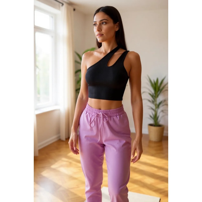 Kadın Siyah Tek Omuz Cut Out Detaylı Crop Top Bluz