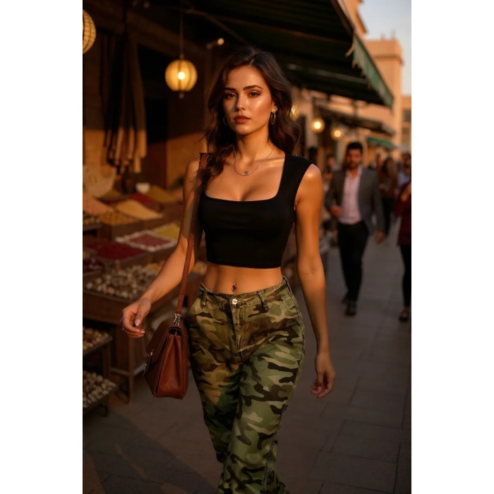 Kadın Siyah Kare Yaka Kalınlaşan Omuz Detaylı Crop Top Bluz