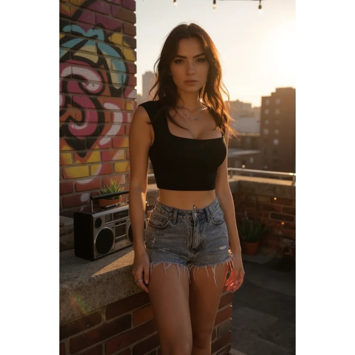 Kadın Siyah Kare Yaka Kalınlaşan Omuz Detaylı Crop Top Bluz