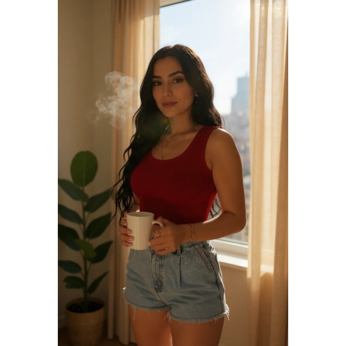Kadın Kırmızı Kare Yaka Crop Top Bluz